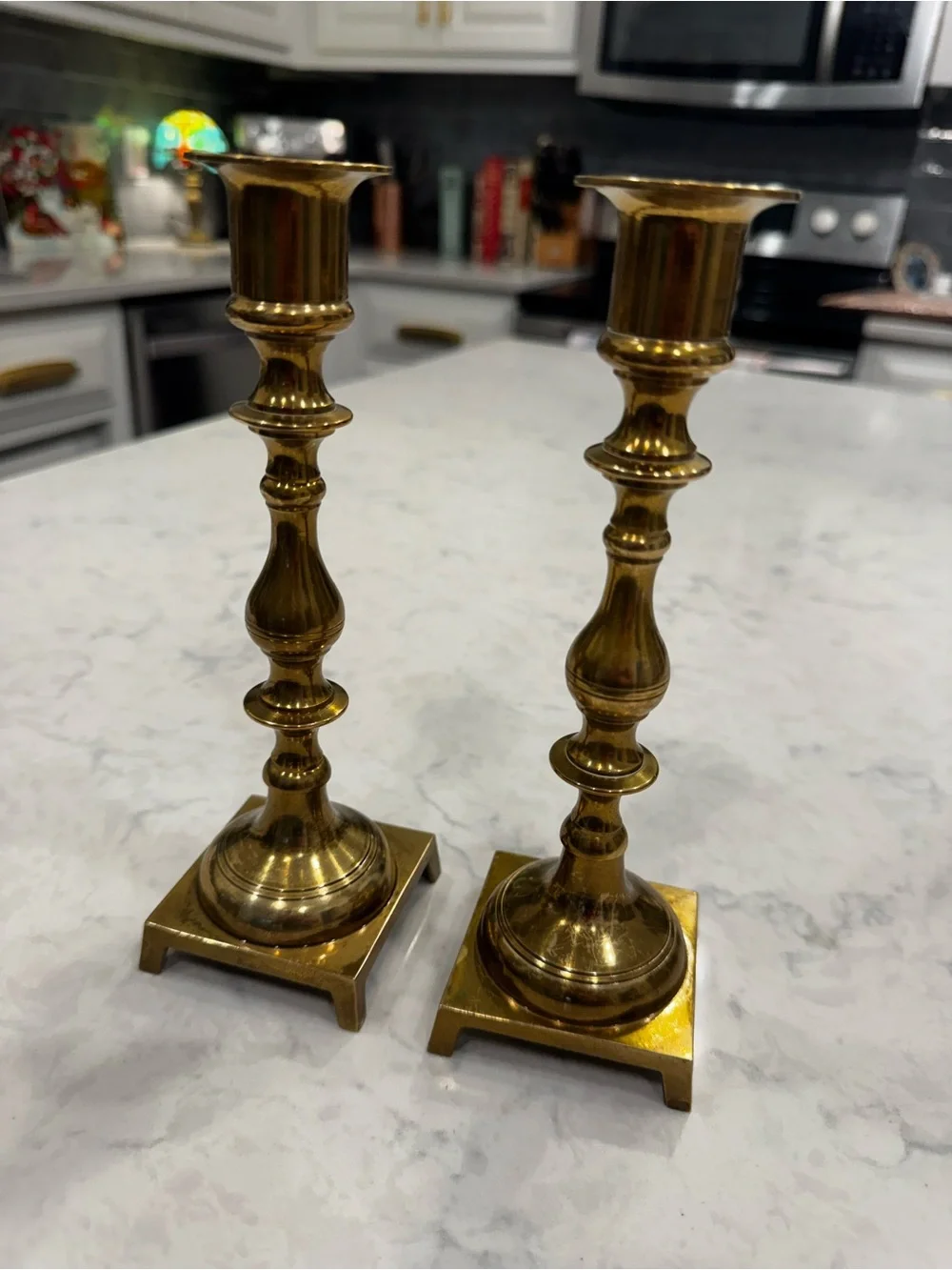 Vintage Brass Candlesticks Pair 8” Square Footed Bases Mid Century